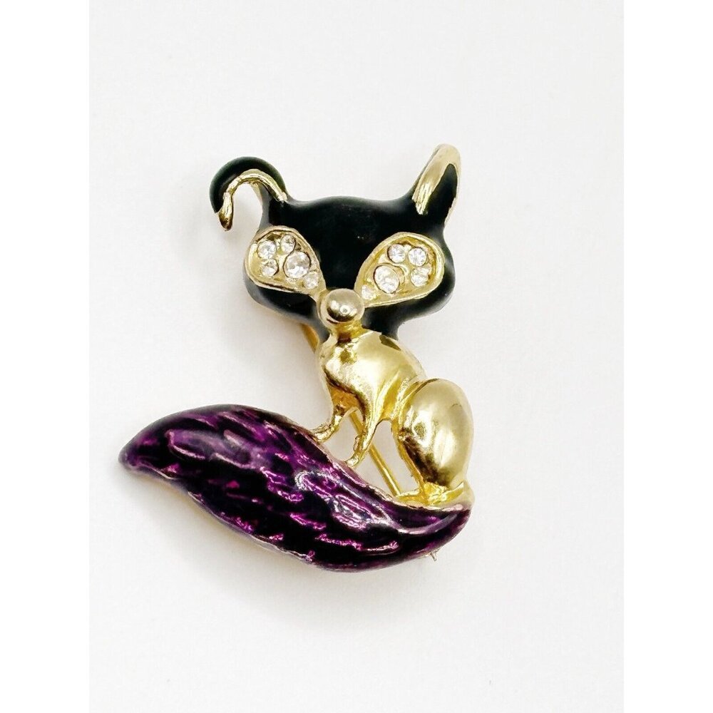 Vintage Purple Black Enamel Goldtone Rhinestone Fox Pin Brooch‎